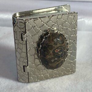 Book-Shaped Silver Tone Pill Box with Stone Cabochon Front